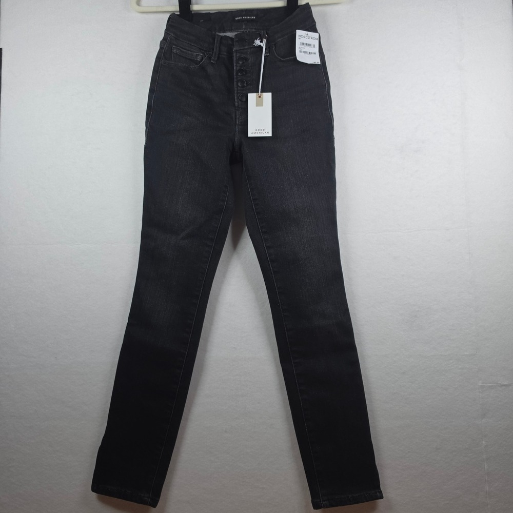 Good American Good Legs Crop Jeans 00 Black High Waist Skinny Button Fly